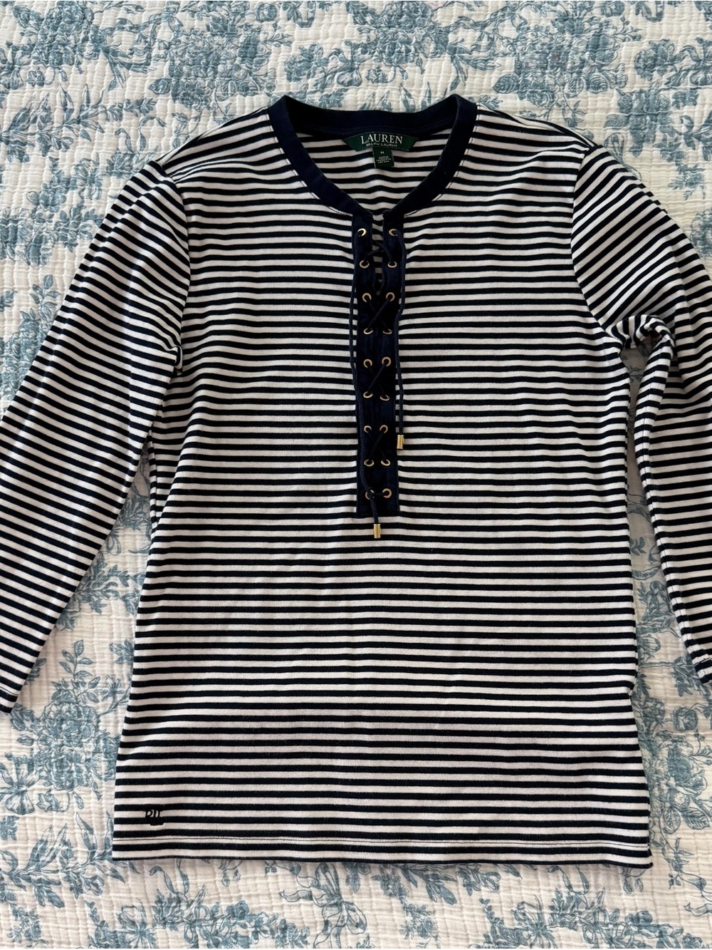 Ralph Lauren Navy and White Striped Lace-Up Long Sleeve Top